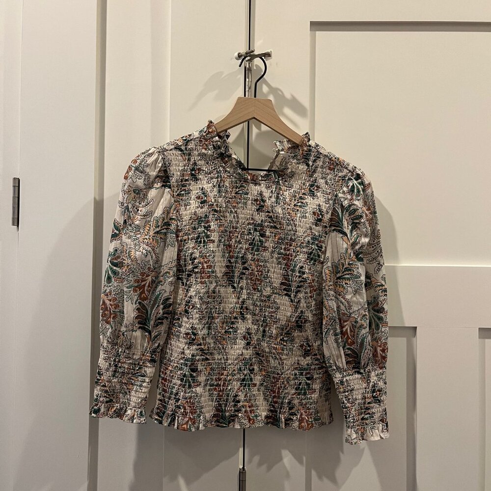 VERONICA BEARD Kali Smocked Cotton Puff Sleeve Top Stone Paisley size 2 $398